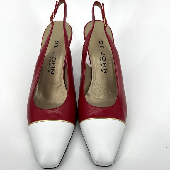 St. John Italy Red White Leather Slingback Heels Shoes Size 8 with Box dust bag - Picture 3 of 10